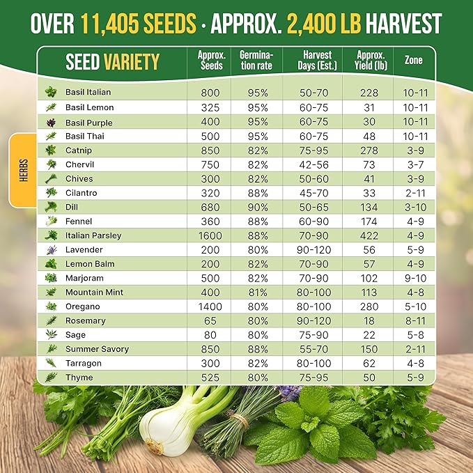 21 Culinary Herb Seeds Variety Pack - Heirloom, Non-GMO, Herb Seeds for Planting Outdoor and Indoor - Home Gardening. Over 11,400+ Seeds Including Rosemary, Thyme, Oregano, Mint, Basil, Parsley & More