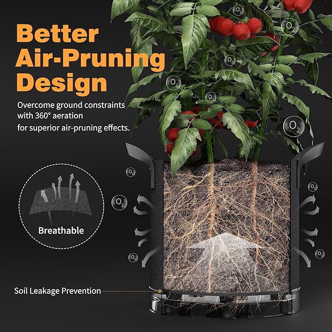Patigrow Self-Watering Grow Bags, 5-Pack 5 Gallon 420G Thick Nonwoven Fabric Pots with Reinforced Handles and Multi-Purpose Rings, for Low Stress Plant Training Fruits, Vegetables,and Flowers