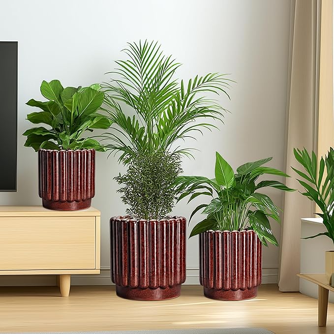 Ceramicfor Ceramic Pots for Plants - 7.6 Inch Indoor Planter, Decorative Plant Pots with Drainage Hole, Fluted Ceramic Flower Pots, Round Planter Outdoor, Patio Decor, Gifts for Plant Lovers, Red