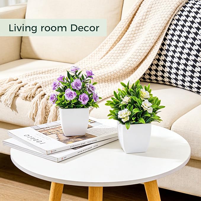 Der Rose 6 Pack Fake Plants Small Artificial Potted Faux Plants with Flowers for Home Bathroom Living Room Office Decor Indoor