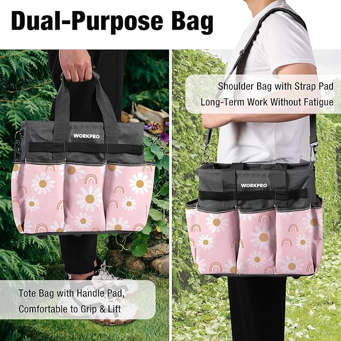 WORKPRO Garden Tool Bag Organizer, Heavy Duty Gardening Tote Bag, 10 Pockets with Adjustable Shoulder Strap, Standable Garden Home Tool Kits Organizer, Floral Pink (Tools are not Included)-Pink Ribbon