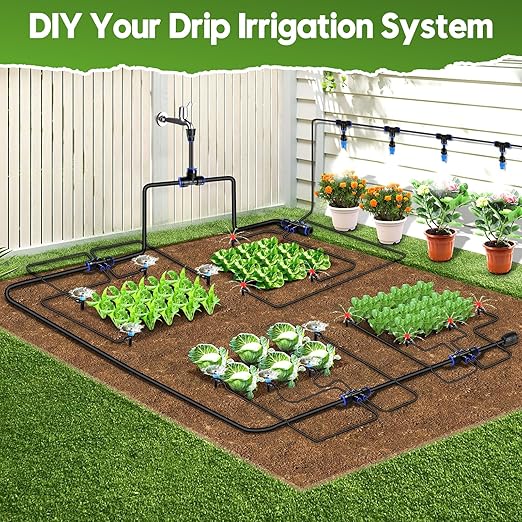 240FT Drip Irrigation System Kit Quick-Connect, Automatic Garden Watering System for Raised Garden Beds, Greenhouse, Yard, Lawn, Plant with 1/2 inch Hose 1/4 inch Distribution Tubing and Accessories