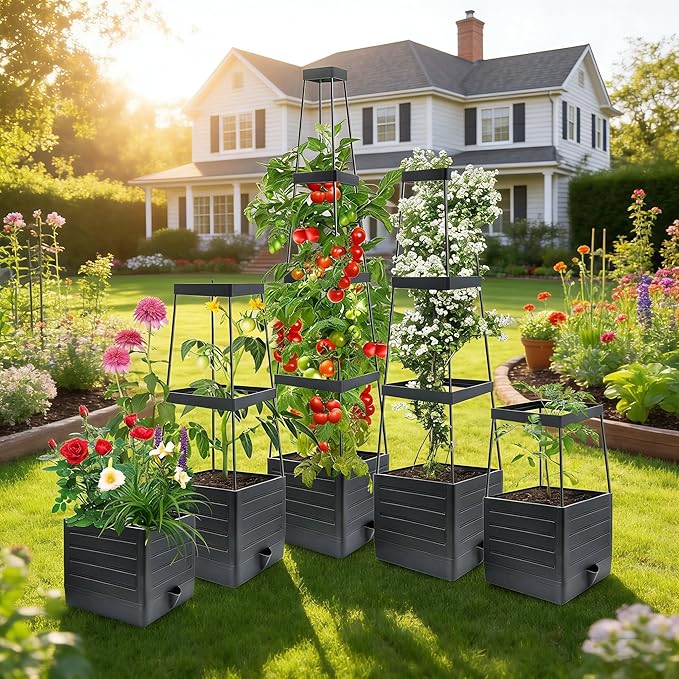 MQUPIN Tomato Planter Box with Trellis for Garden, 57 Inch Self-Watering Raised Garden Bed, Patio Tomato Cage for Climbing Vegetables & Flowers, Upgraded Tomato Pot for Indoor Outdoor Use (4 Pack)