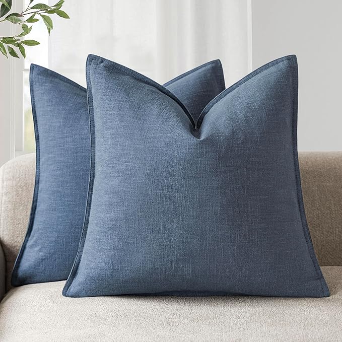 Foindtower Pack of 2, Decorative Linen Soild Throw Pillow Covers Soft Accent Euro Cushion Case Farmhouse Neutral Pillowcase for Chair Couch Sofa Bedroom Living Room Home Decor 26 x 26 Inch Dark Blue