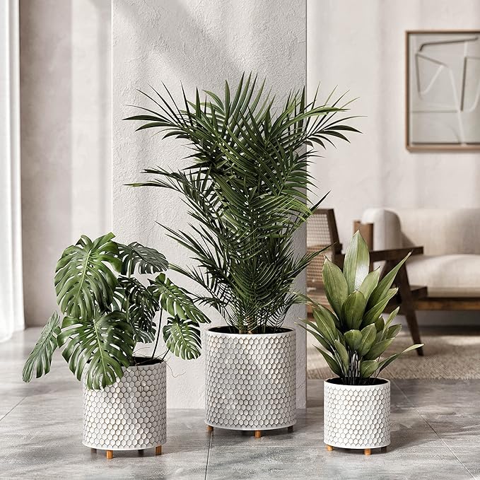 EverNest Honeycomb Gold and White Planter with Wooden Peg Leg Stand, 12-Inch Plant Pot, SelectBase, Mid-Century Modern, Indoor Home Decor Planters (Large, 3 Gallon)