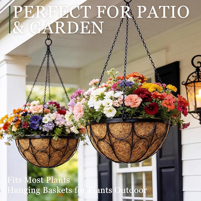 4 Pack 12 Inch Hanging Planters for Outdoor Plants，Large Wire Flower Hanging Basket with Coco Liners for Balconies, Patios, Porch, Terraces Decor