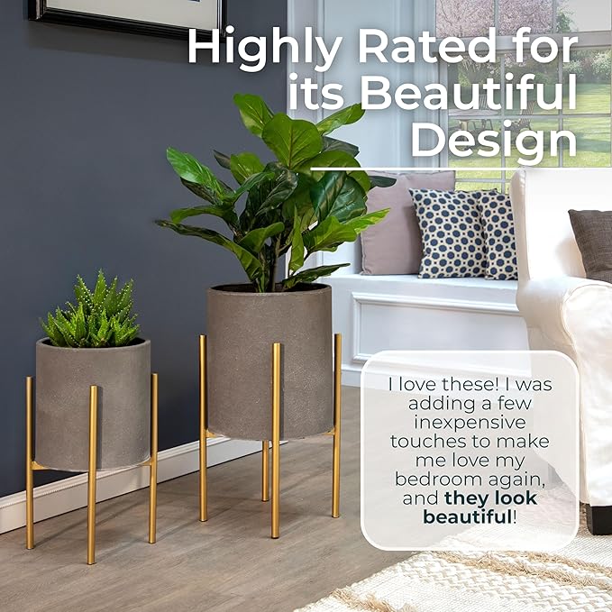 Decorative Flower Pots with Metal Stand for Home Decor - Modern Planters for Hallway, Entryway, and Living Room Decor - Indoor and Outdoor Pots for Plants - Set of 2, 23", 19", Gray & Gold