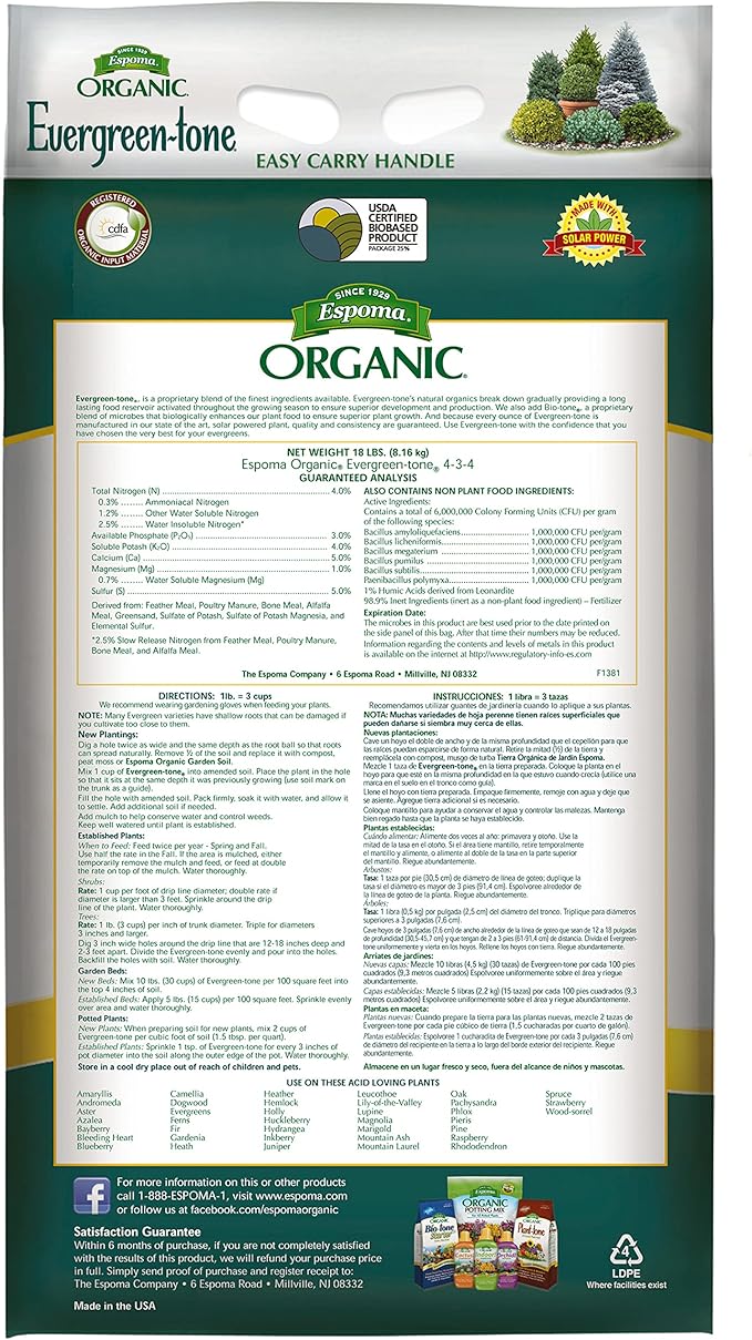 Espoma Organic Evergreen-Tone 4-3-4 Natural & Organic Fertilizer and Plant Food for Evergreen Trees & Shrubs. 18 lb. Bag. Use for Planting & Feeding to Promote Optimum Growth