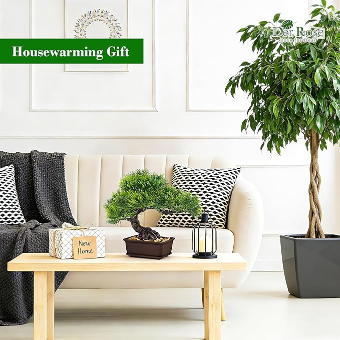 Der Rose 2Pcs Small Fake Plants Artificial Bonsai Tree Set Ficus and Cedar for Office Desk Shelf Room Home Zen Decor Indoor
