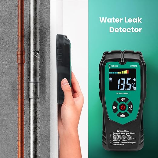 ERICKHILL Pinless Wood Moisture Meter, Non-Destructive Wall Moisture Meter for Drywall Masonry Building Material Dampness Inspection Mold Detector Device, Detects up to 2-inch Below Surface