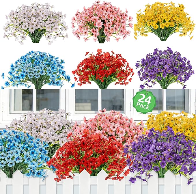 PADONISE 24 Bundles Artificial Flowers for Outdoor Indoor Decor, Fake Silk Flower Plastic Stems UV Resistant for Hanging Plants Spring Summer Bouquet Vase Porch Window Box Wedding Farmhouse Garden