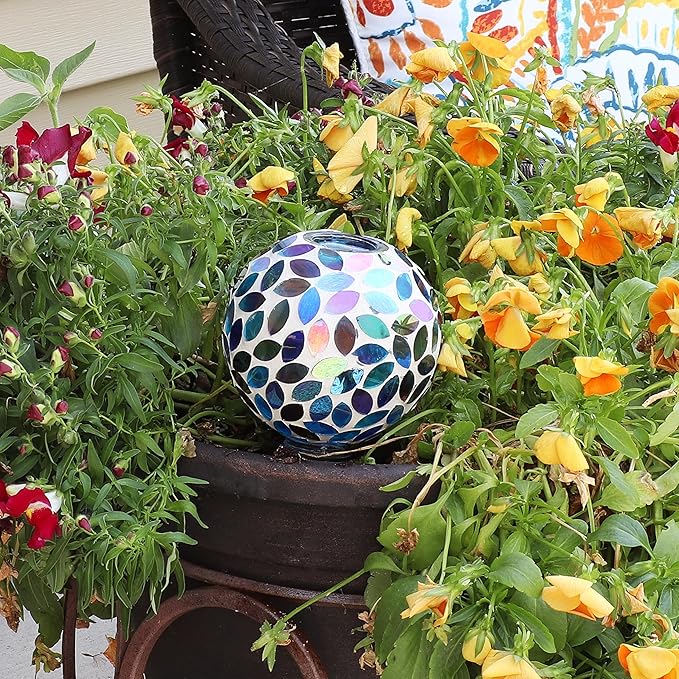 Sunnydaze Mosaic Glass Plant Watering Globe with Clay Spike - Decorative Self-Watering Planter Insert - Water Dripper for Plants - 9.5" - Spring Petals