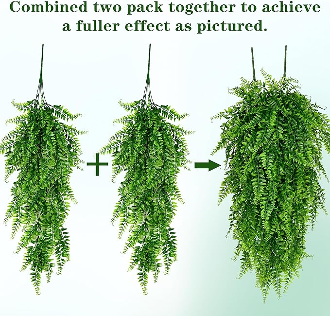 Waipfaru 4Pcs Fake Hanging Plants Artificial Ferns for Outdoors，Fake Ferns UV Resistant Plastic Fake Plants for Indoor Wall Porch Wedding Party Holiday Decor