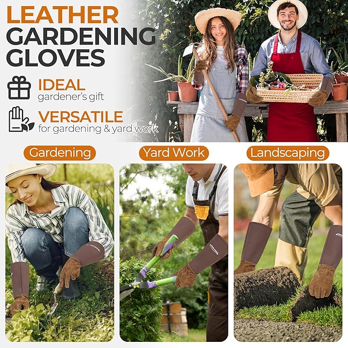 HANDLANDY Long Gardening Gloves for Men & Women, Cowhide Leather Rose Pruning Gloves- Breathable & Durable Gauntlet Glove (X-Large, Brown)