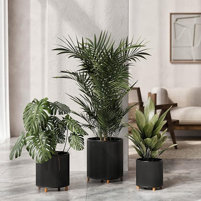 EverNest Everett Black Striped Modern Planter with Peg Leg Stand, 10-Inch Plant Pot, SelectBase, Neutral Mid-Century Modern Home Decor, Planter for Indoor Plants (Medium, 2 Gallon)