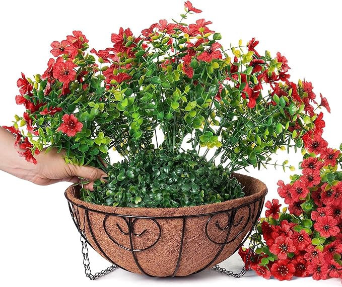 HyeFlora Artificial Fake Hanging Red Plants Flowers Basket for Outdoor, Faux Silk Daisy Mums Look Real UV Resistant for Outside Porch Home Patio Garden Yard Decoration