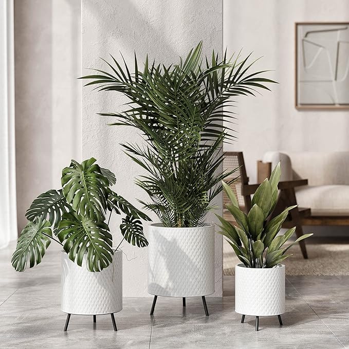 EverNest Claire Honeycomb Neutral Modern White Planter with Nyra Stand, Indoor Plant Pots, SelectBase, Mid-Century Modern, Boho Style Home Decor for Plants (Medium, Black)