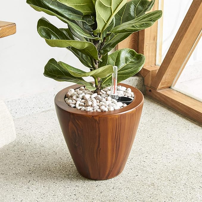 Set of 2, Smart Self-Watering Planters for Indoor and Outdoor - Round, Imitation Wood