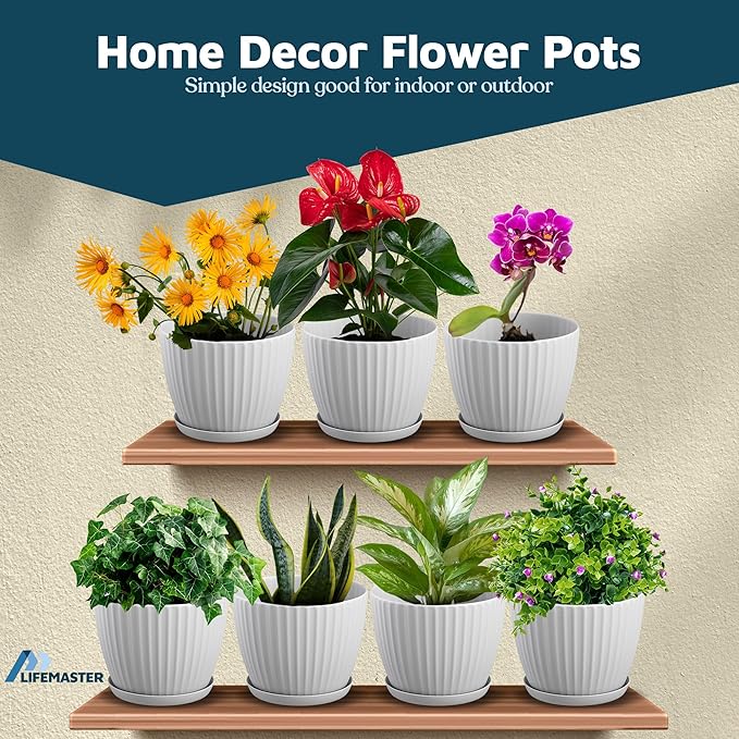 White 6-Inch Plant Pots with Drainage & Saucers 12 Pack, Indoor & Outdoor Planters for Houseplants, Herbs, and Flowers, Durable & Weatherproof Material, Stackable, Lightweight, Minimalist Design