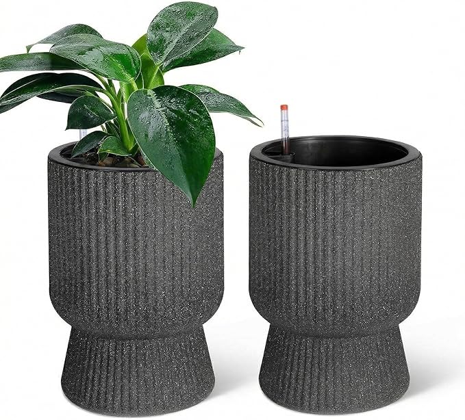 IDEALHOUSE Self Watering Planters Set of 2, 14.2 Inch Tall Outdoor/Indoor Flower Pots with Water Level Indicator, Large Modern Planter with Hidden Reservoir for Patio, Porch, Balcony,Black