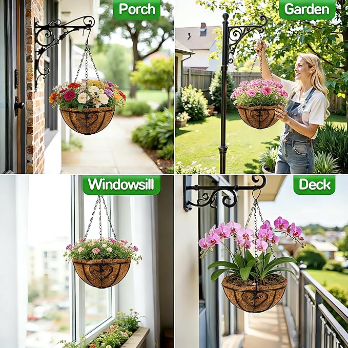 QCQHDU 3 Pack 10 inch Metal Hanging Orchid Baskets for Plants Outdoor, Hanging Orchid Planter Basket with Coco Liners, Orchid Pots with Holes for Garden, Patio, Deck, Porch Plants(Love)