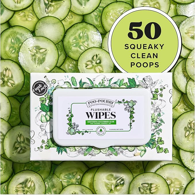 Poo~Pourri Flushable Wipes - Made with Plant Based Fibers, Aloe, Vitamin E, Chamomile, and Oat Extract - Adult Wet Wipes - Cucumber & Aloe Essential Oil - 50 count Dispenser Box - Sewer & Septic Safe
