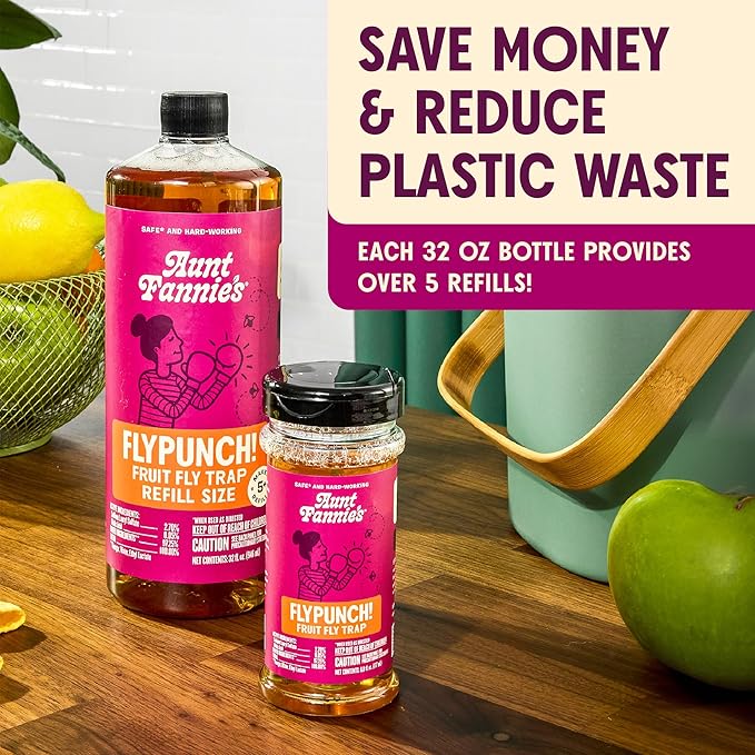 Aunt Fannie's FlyPunch Fruit Fly Trap Bundle for Indoor and Kitchen Use, Ready to Use, Made with Plant Based Ingredients, Safe Near Food, Long Lasting, 32 oz Refill and 6 oz Single