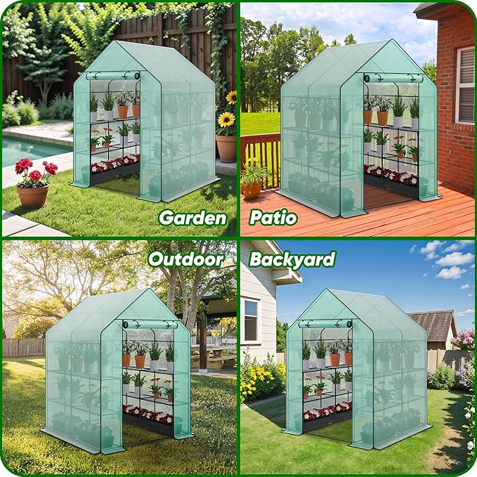 2 Tiers 8 Shelves Walk-in Green House, Portable Greenhouse w/Durable PE Cover, Roll Up Zipper Door, Steel Frame Greenhouse w/ Ground Pegs, Ropes for Garden, Patio, Backyard