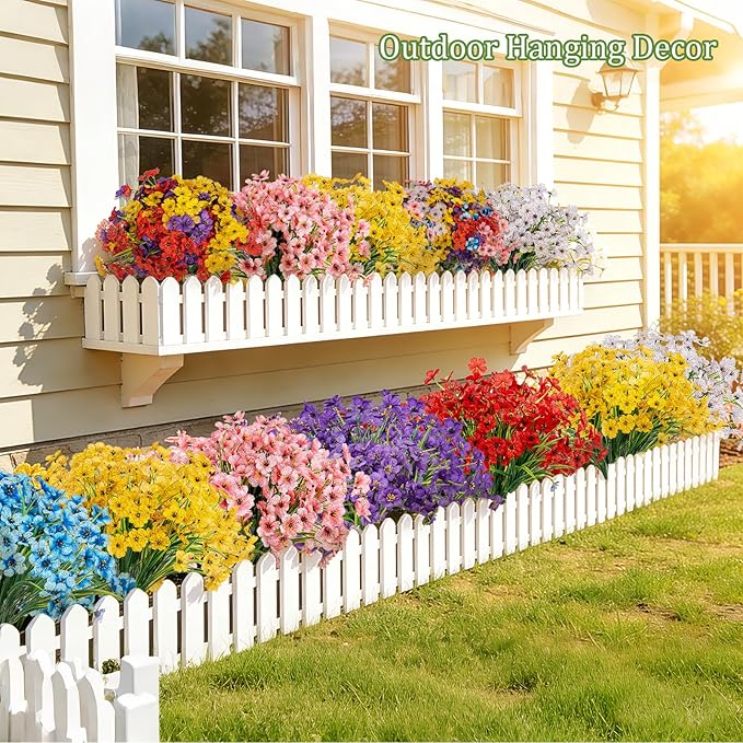 PADONISE 24 Bundles Artificial Flowers for Outdoor Indoor Decor, Fake Silk Flower Plastic Stems UV Resistant for Hanging Plants Spring Summer Bouquet Vase Porch Window Box Wedding Farmhouse Garden