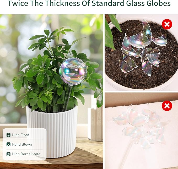 Soilagua Extra-Thick Clear Glass Plant Watering Globes, Rainbow Gradient Self Watering Globes, Automatic Plant Waterer, Self Watering Planter Insert Spikes Devices for Everyday or Vacation Use, 6-Pack