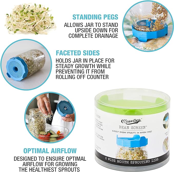 Masontops Bean Screen Plastic Mason Jar Sprouting Lids Mason Jar Sprouting Kit – For Growing Broccoli Seeds, Alfalfa, Mung Bean Sprouts – Wide Mouth Seed Sprouting Jar Lids Sprouting Kit Mason Jar