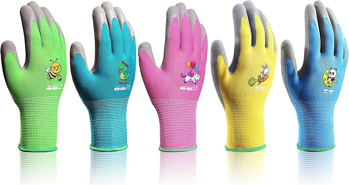 KDK 5 Pairs Kids Gardening Gloves Yard Work Gloves Children Soft Safety Rubber Coated Gloves for Toddlers Youth Girls Boys Children (6-8yr M)