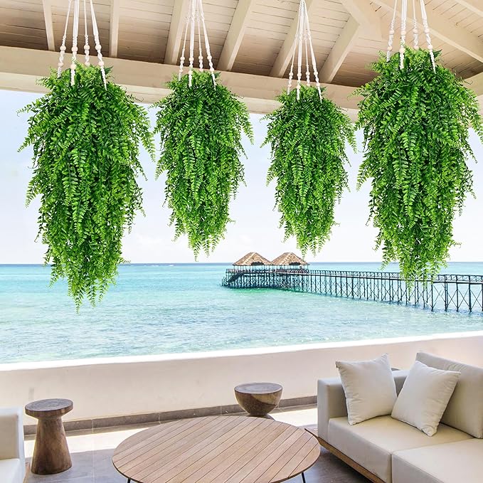 Waipfaru 4Pcs Fake Hanging Plants Artificial Ferns for Outdoors，Fake Ferns UV Resistant Plastic Fake Plants for Indoor Wall Porch Wedding Party Holiday Decor