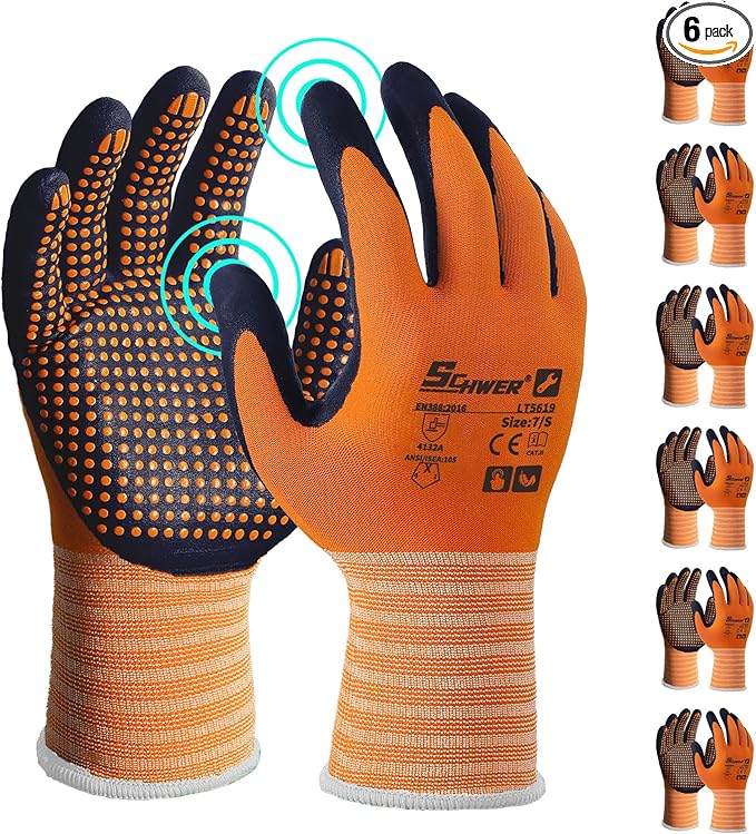Schwer 6 Pairs Safety Work Gloves MicroFoam Nitrile Coated, Certified Level 6 Abrasion & A1 Cut Resistant Working Gloves with MicroDot Grip, Touchscreen, Used for General Work, Gardening, LT5619, S