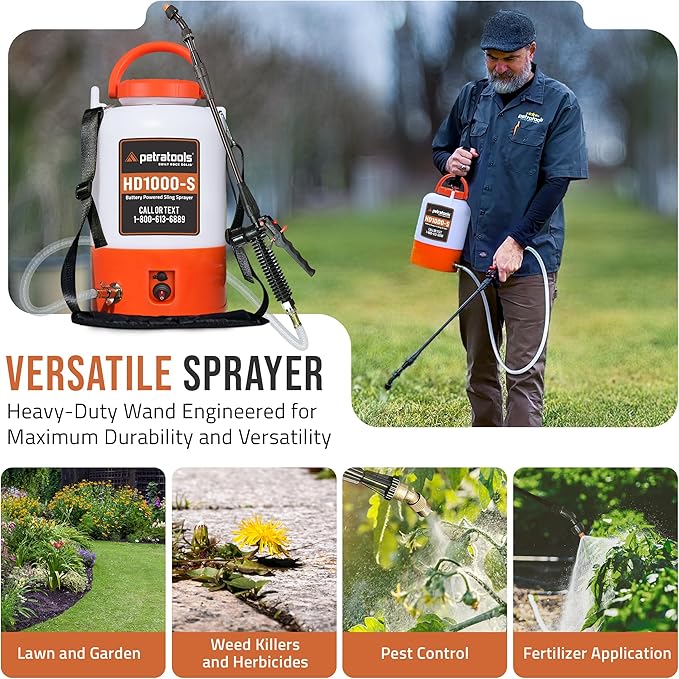 PetraTools Battery Powered Sprayer 1 Gallon - HD1000-S - Heavy Duty Electric Sprayer for Lawn and Garden Weed/Pest Control, Watering - with Battery, Charger & 2 Nozzles (1 Gallon)