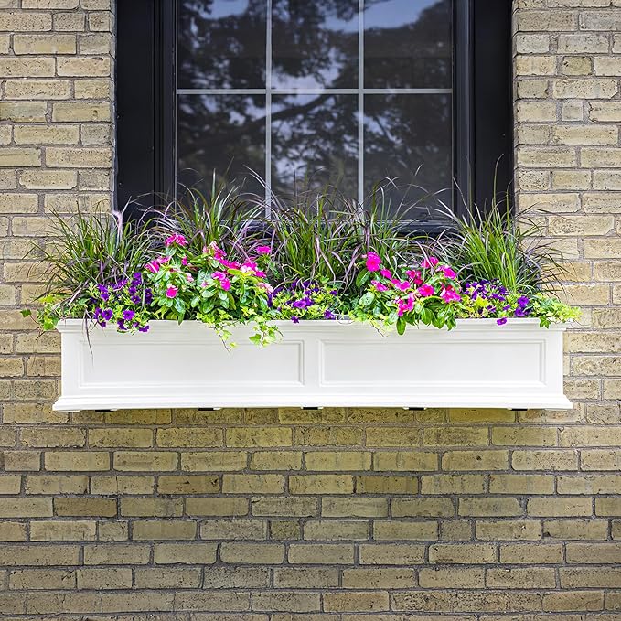Mayne Fairfield 5ft Window Box, Self Watering Flower Box with Double Wall Design, All Season Fade Resistant Outdoor Window Planter With Steel Mounting Bracket, White