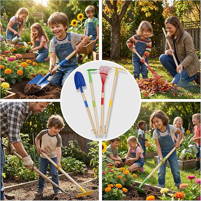 4-Piece Garden Tool Set with Shovel, Rake, Hoe, Leaf Rake - 2 Pairs of Gloves & 2 Storage Bags, Wooden Gardening Tools for Yard & Lawn Care
