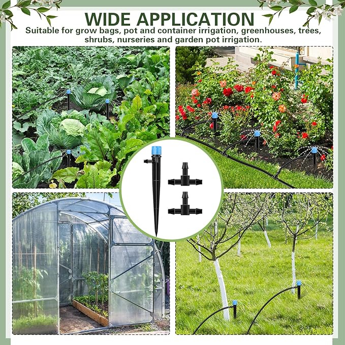 Rossesay 200 Pcs Drip Irrigation Kit for 1/4" Tubing Include 100 Drip Irrigation Emitter Adjustable Fan Shape Drip Irrigation Parts and 100 Barbed Tee Fittings Barbed Connectors for Garden Lawn Patio