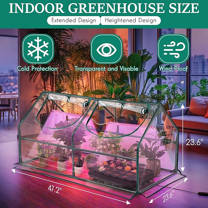 Meonum Mini Greenhouse with Grow Light, 47.2" L x 23.6" L x 23.6" W Portable Greenhouses Waterproof UV-Resistant for Indoor/Outdoor Seed Starting (House Shape)