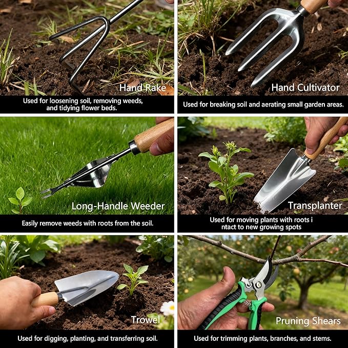 Garden Tool Set,10 Pcs Heavy Duty Gardening Hand Tools Set with Soil Moisture Meter and Storage Tote Bag,Rust-Proof Garden Supplies Kit for Planting,Ideal Gardening Gifts for Women