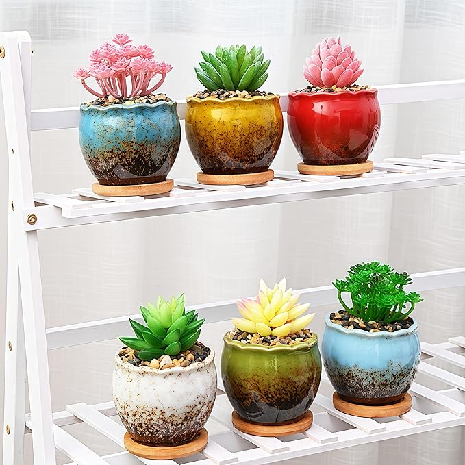 Cute Circular Ceramic Home Garden Decoration Succulent Cactus Flower Pots Container with Bamboo Tray -Plant Not Included (White, 3.9 Inch)