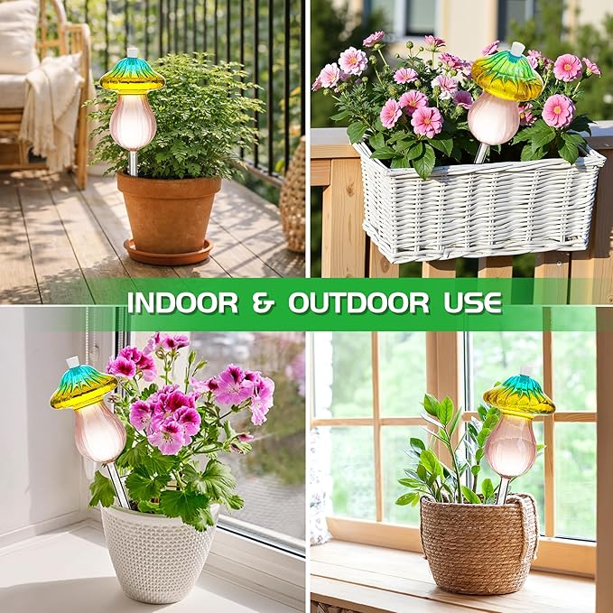 11 oz Large Plant Watering Globes, Glass Self Watering Globes, Gradient Color Mushroom Self Watering Planter Insert, Vacation Plant Watering Devices, Automatic Watering Bulbs (Large-4 Pack)
