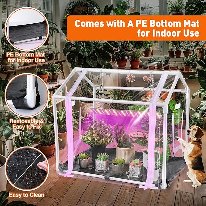 Meonum Mini Greenhouse with Grow Light, 23.6" L x 15.7" W x 19.6" H Portable Greenhouse with Waterproof Bottom Mat, Timer, 3 Light Color Mode for Indoor Outdoor Seed Starter Tray (Mini House Shape)