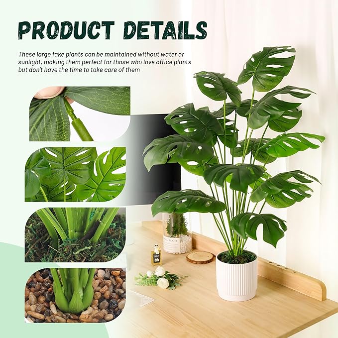 Der Rose 28" Fake Plants Large Artificial Monstera Faux Potted Plants Indoor Tall for Outdoor Living Room House Floor Front Porch Tree Decor (Pack of 2)