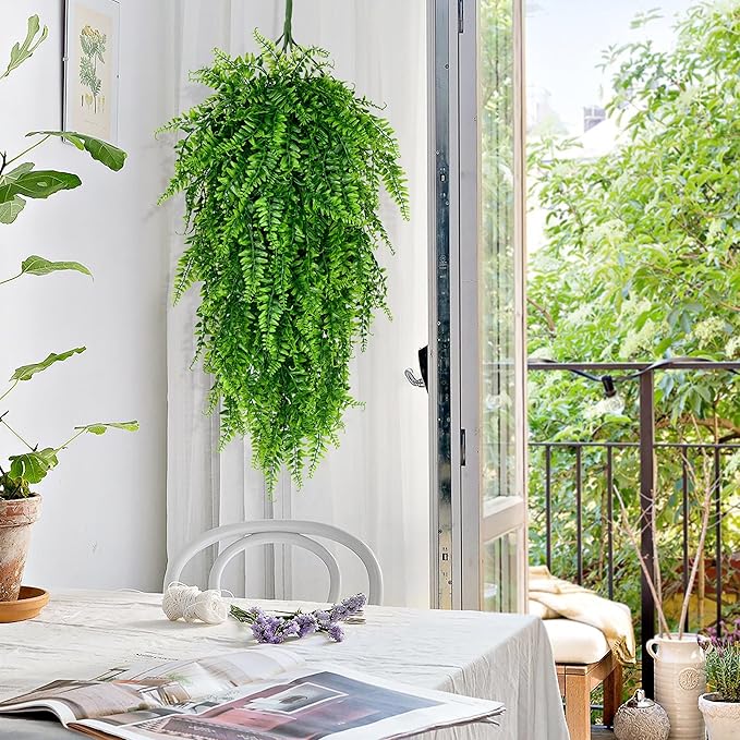 Waipfaru 4Pcs Fake Hanging Plants Artificial Ferns for Outdoors，Fake Ferns UV Resistant Plastic Fake Plants for Indoor Wall Porch Wedding Party Holiday Decor
