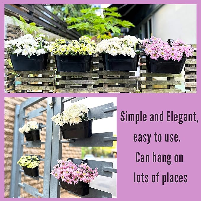LaLaGreen Outdoor Plants Rail Planter (11.2 Inch, 5 Pack) Black Metal Iron Hanging Flower Pots Deck Railings Fence Buckets Modern Boho Style Wall Mount Window Box Plant Holder Hooks Porch Home Decor