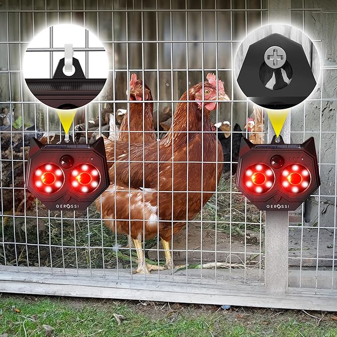 Upgraded Animal Deterrent 2 Pack - Solar Powered Design w/Motion Activated Predator Eyes - Effective Repellent Device for Coyote, Deer, Fox, Raccoon - Predator Lights for Chicken Coop, Farm, Yard