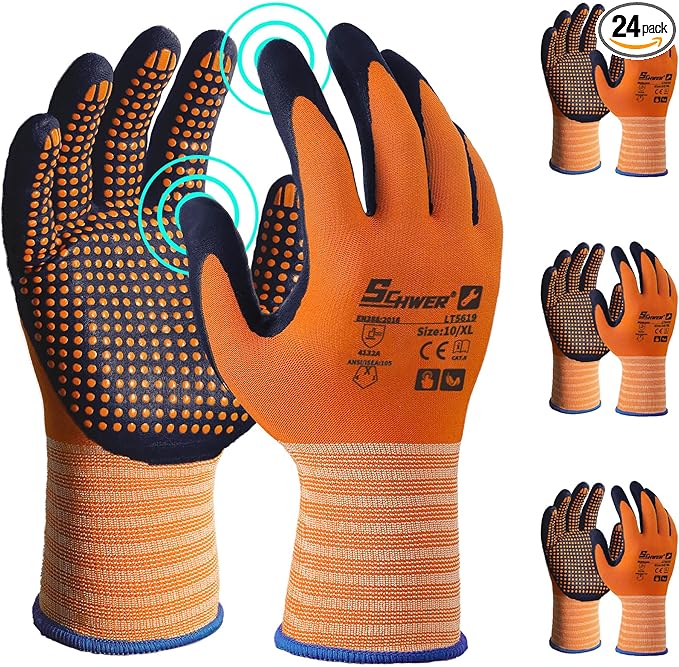 Schwer 24 Pairs Safety Work Gloves MicroFoam Nitrile Coated, Certified Level 6 Abrasion Resistant Gardening Gloves with MicroDot Grip, Touchscreen, General A1 Cut Resistant Glove, LT5619, XL