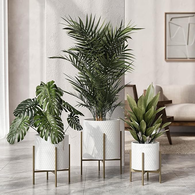 EverNest Claire Mid-Century Modern White Planter and Stand, Indoor Plant Pot, SelectBase, Minimalist Aesthetic, Home Decor for Plants - (Gold Base, Medium)