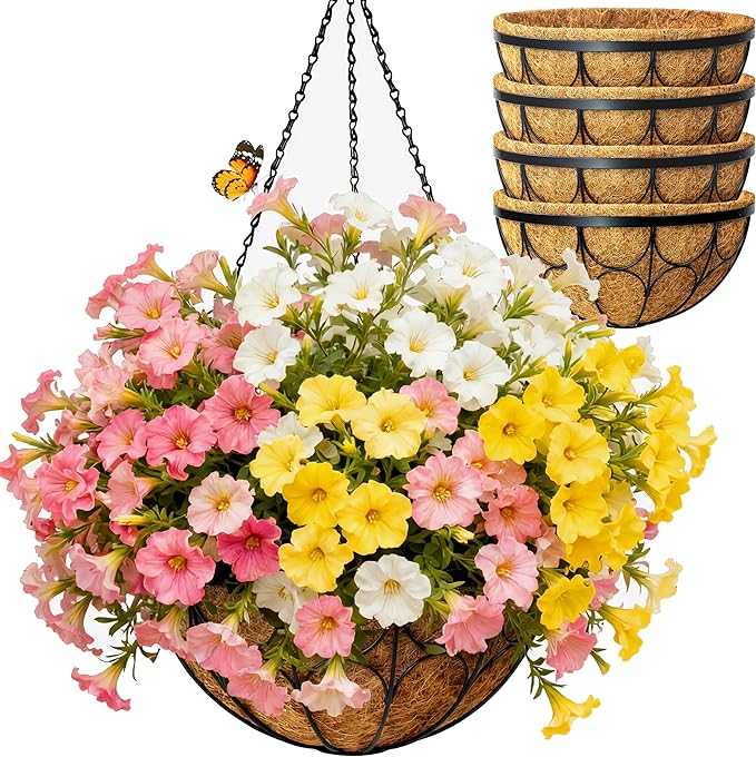 4 Pack 12 Inch Hanging Planters for Outdoor Plants，Large Wire Flower Hanging Basket with Coco Liners for Balconies, Patios, Porch, Terraces Decor